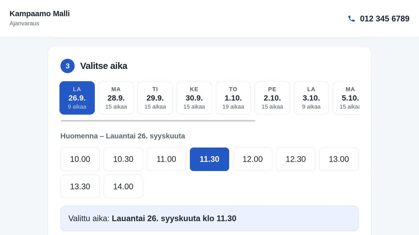 Booking demo: on a fictional hair salon’s booking page, a day and a free time are chosen, with Saturday at 11.30 selected.